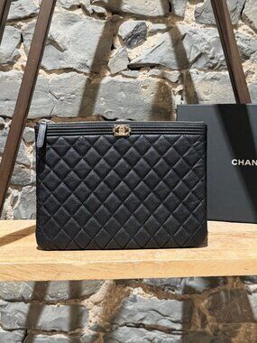 Chanel Black Caviar Quilted Medium Boy O-Case Pouch
